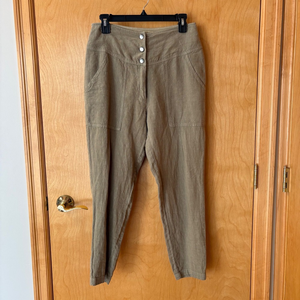 Wrap London Linen Trousers Women 6 Olive Khaki High Waisted Tapered WX37